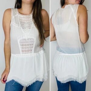 Free People eyelet‎ lace sleeveless top tunic blouse white ivory tiered boho